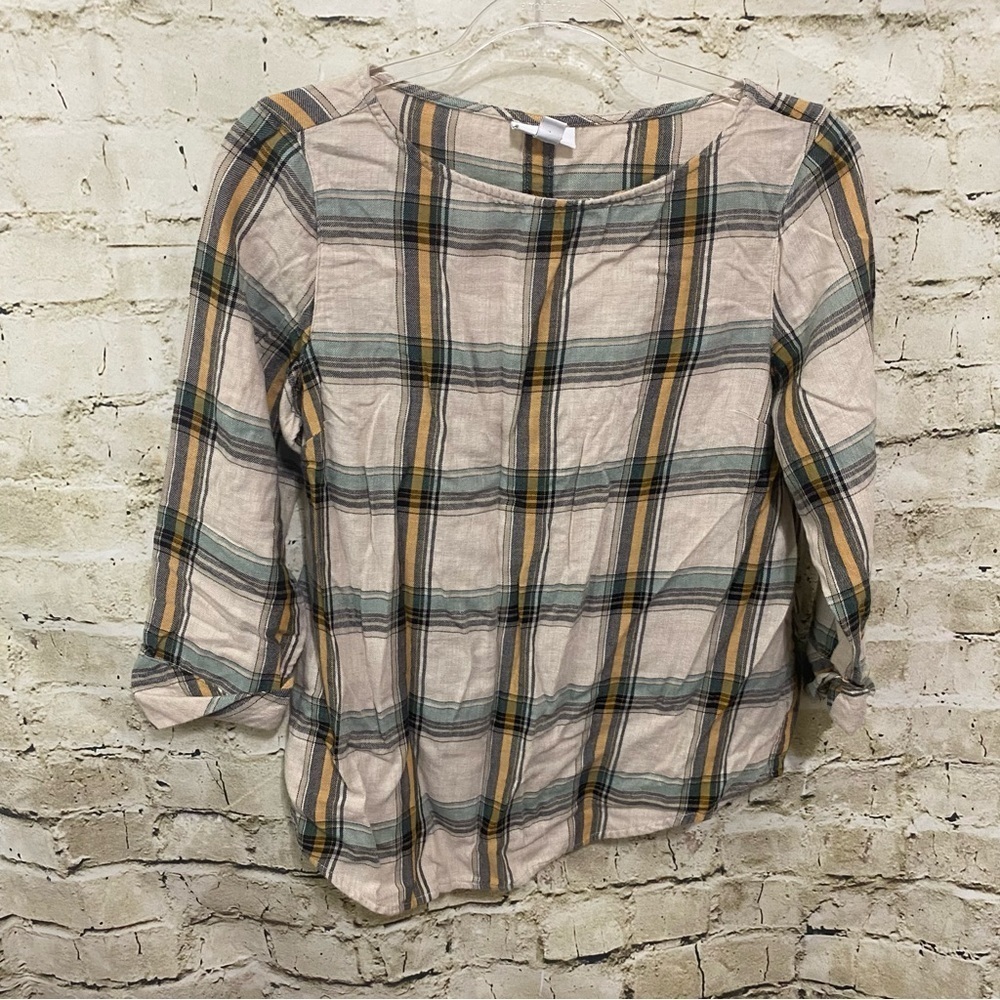 J Jill Beige Green Plaid Flannel Soft Cuffed 3/4 Sleeve Top